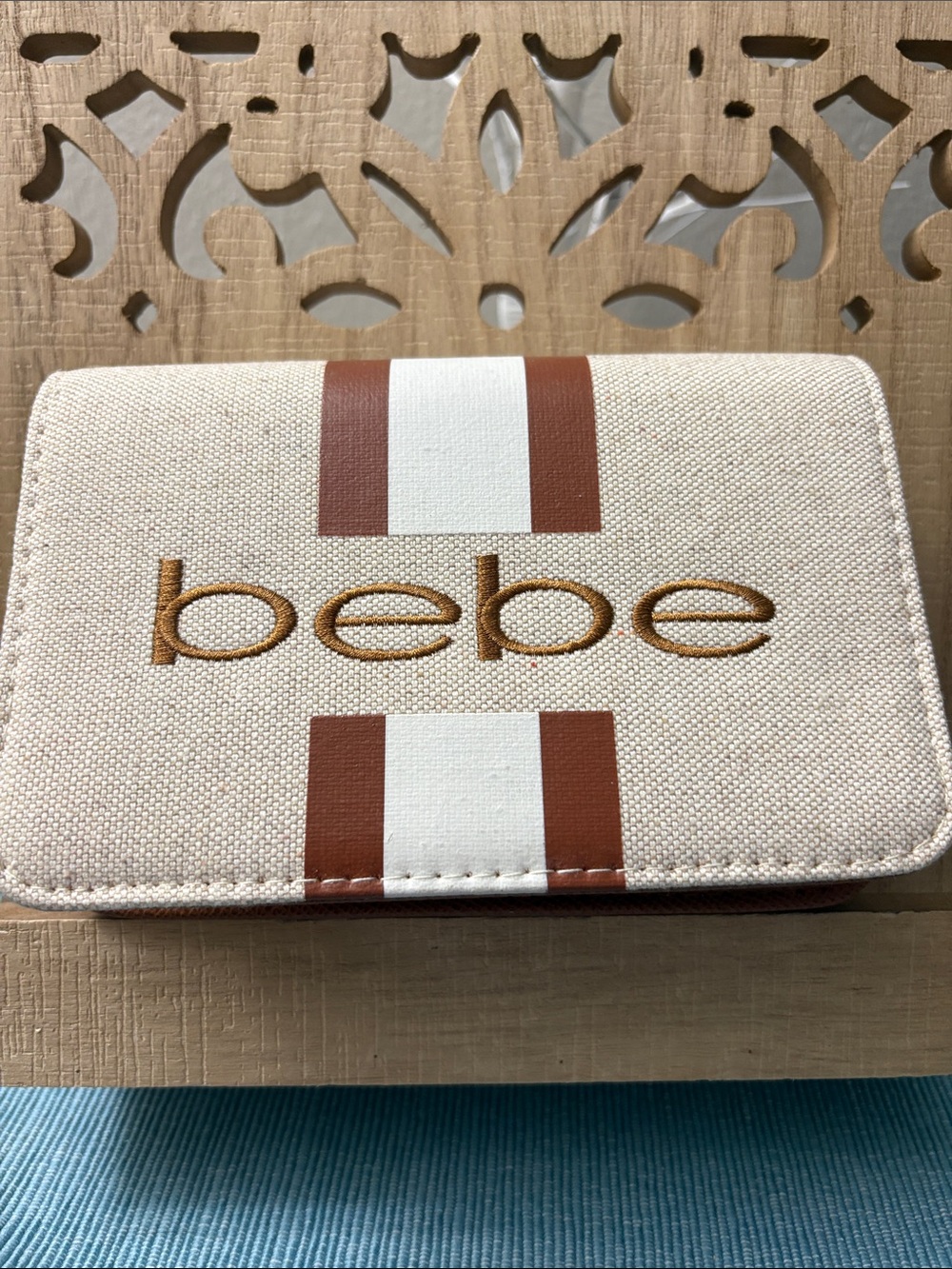 bebe Cream Canvas Wallet with Brown and White Stripes